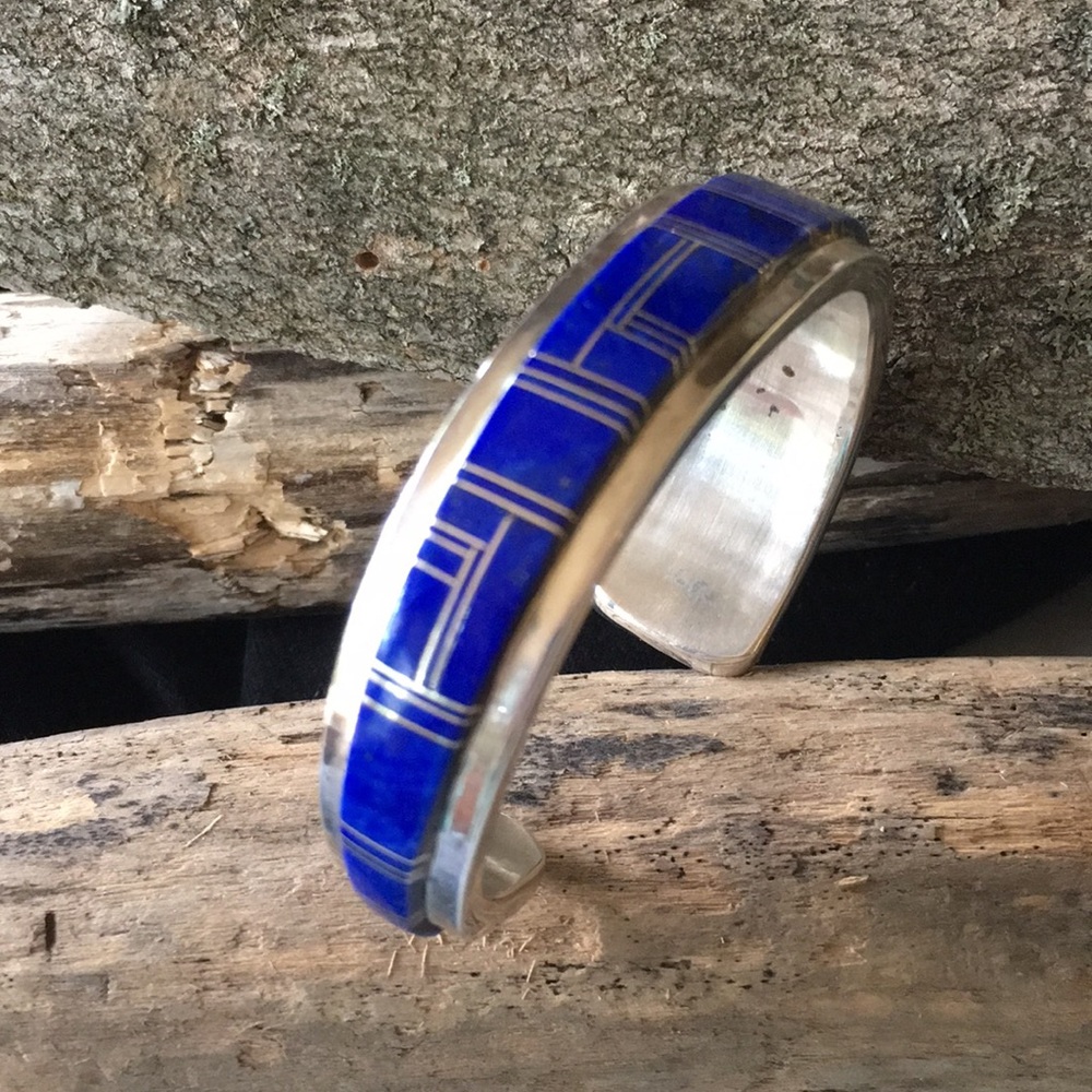 Vintage Navajo Native American Inlay Lapis Bracelet by Wilbur Yazzie - Picture 5 of 14